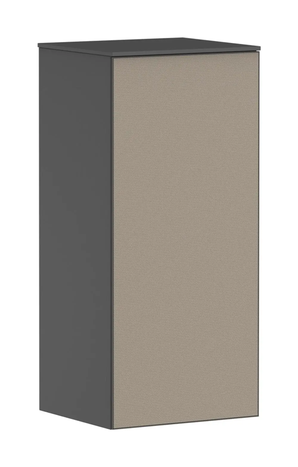 Schlichter, rechteckiger Schrank in schiefergrau mit einer beige Front. Hansgrohe-Logo auf der Tür. Türanschlag auf der linken Seite.